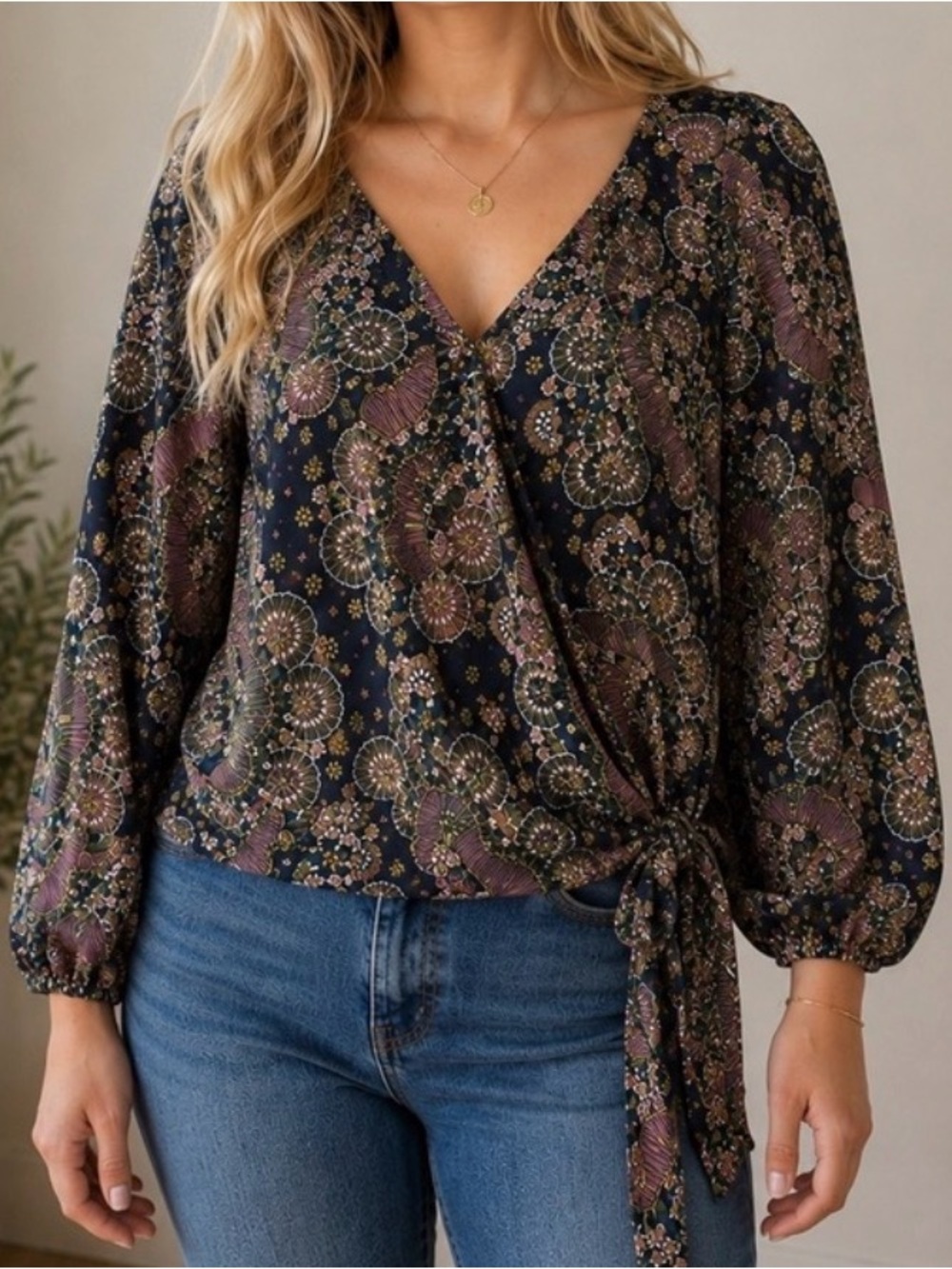 #960 POINT SUR Tie-Waist Wrap Blouse Navy Paisley - High Quality!
